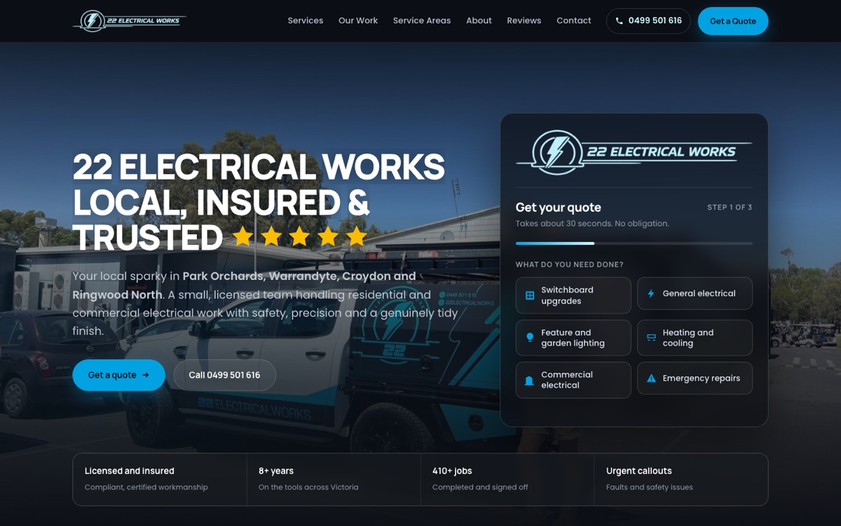 22 Electrical Works electrician website built by Scalus