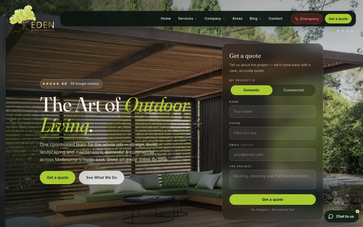 Eden Building & Landscaping website built by Scalus